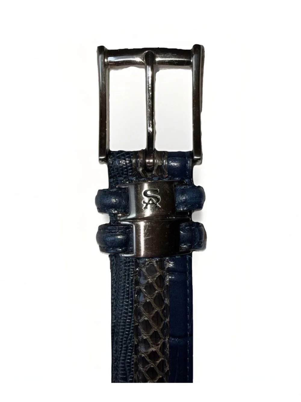 Stacy Adam’s Navy Blue Leather Exotic Textured Snakeskin Inlay Men's Belt